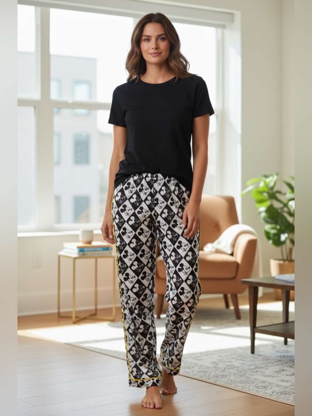 Disney Black & White Mickey Mouse Diamond Print Lounge Pants with Yellow Trim